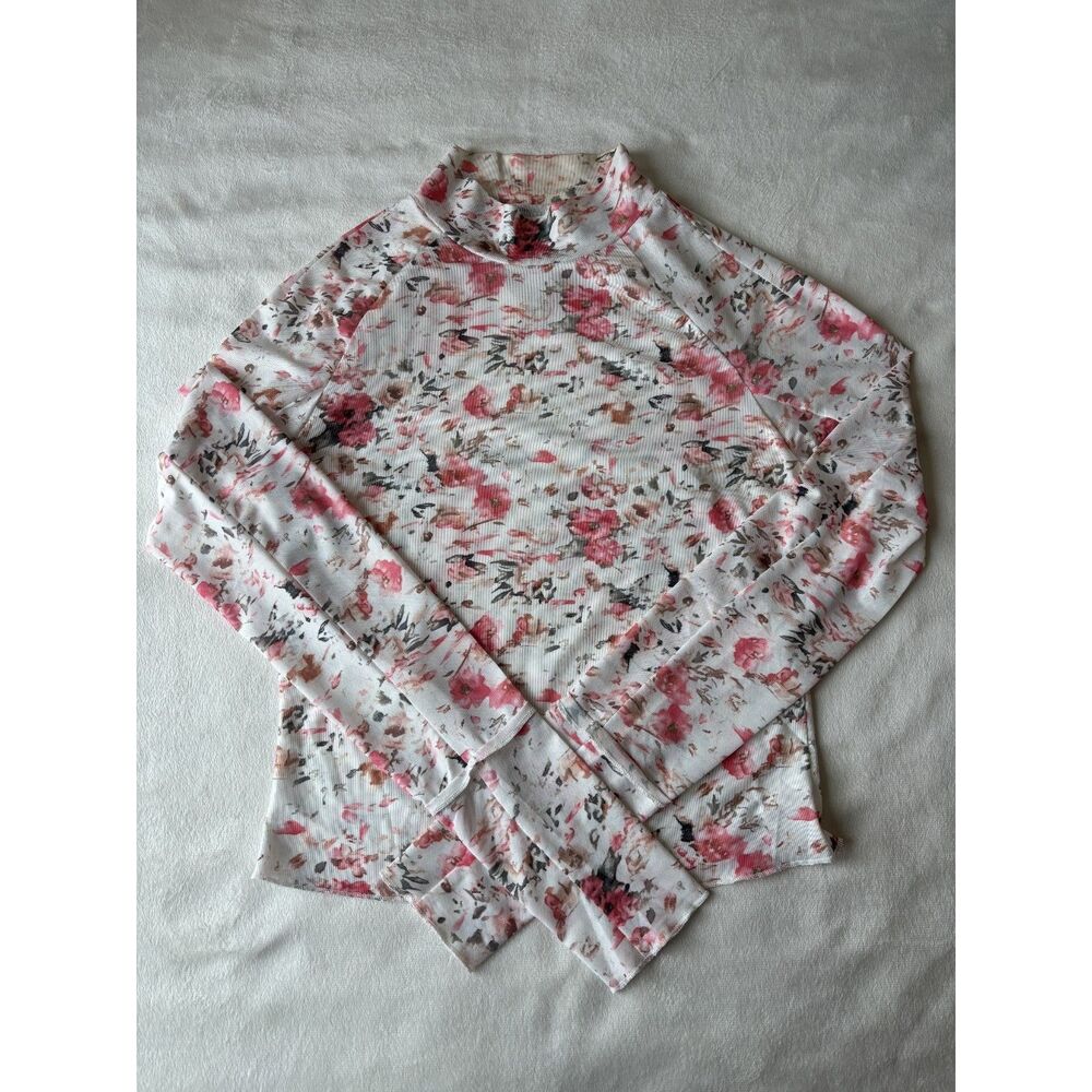 Sheer White Floral Romantic Long Sleeve Top Size Small